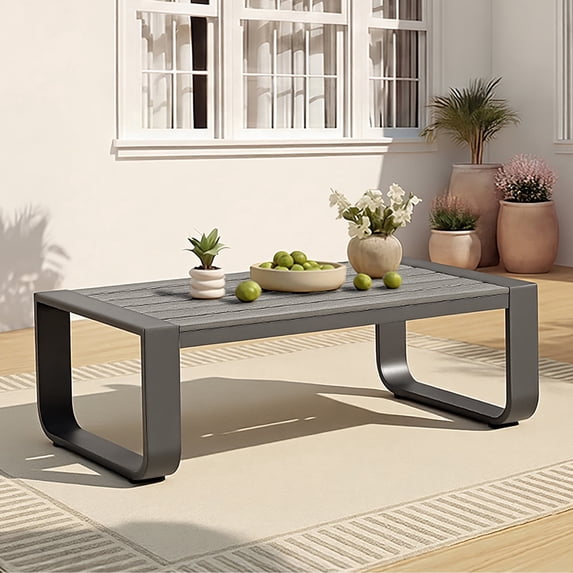 CHITA Outdoor Patio Coffee Table, Rustproof All-Aluminum Wood-Grain Frame, Weather-Resistant