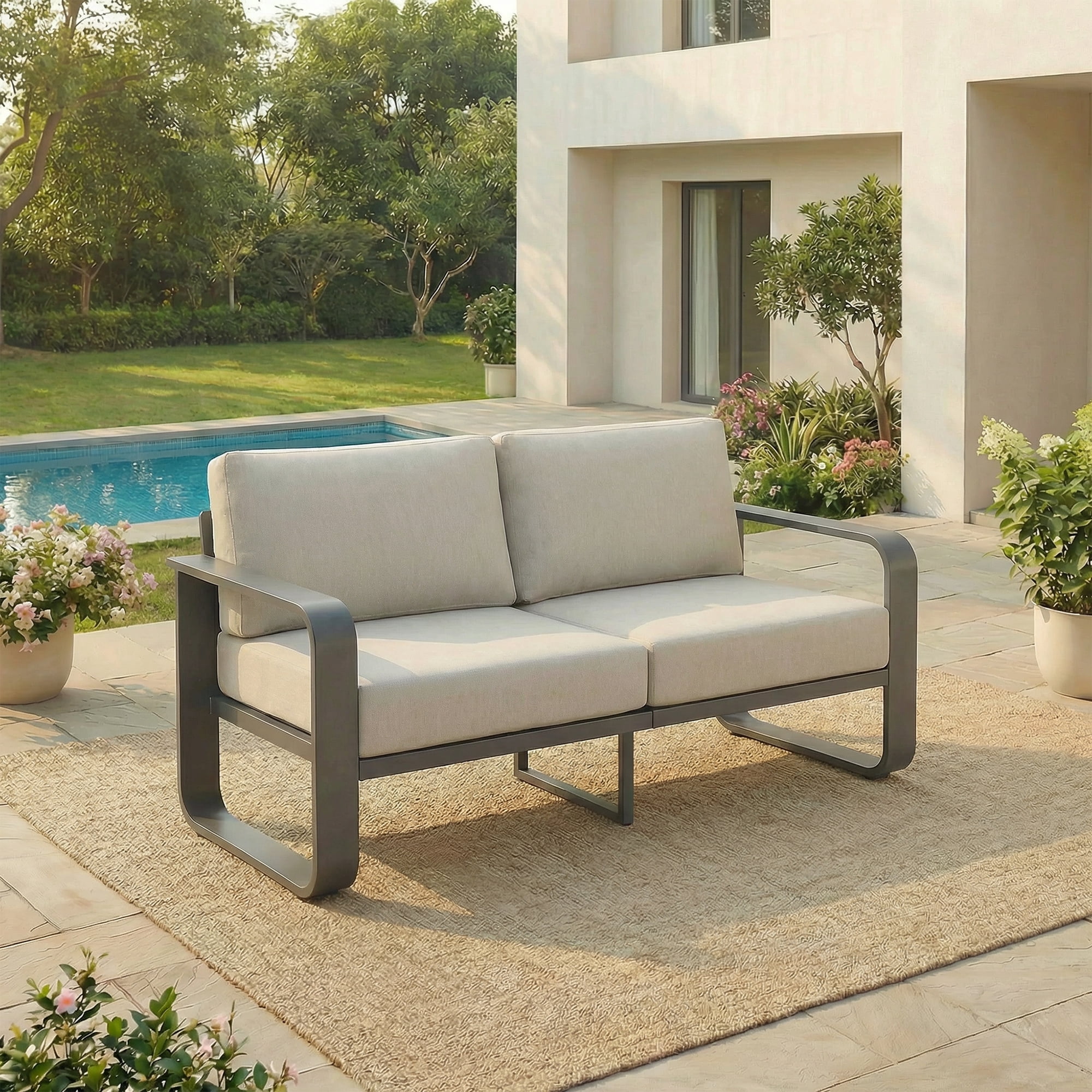 ReNest Outdoor Patio Loveseat, Aluminum Wood-Grain 2-Seater Furniture with Water-Repellent Olefin Cushions