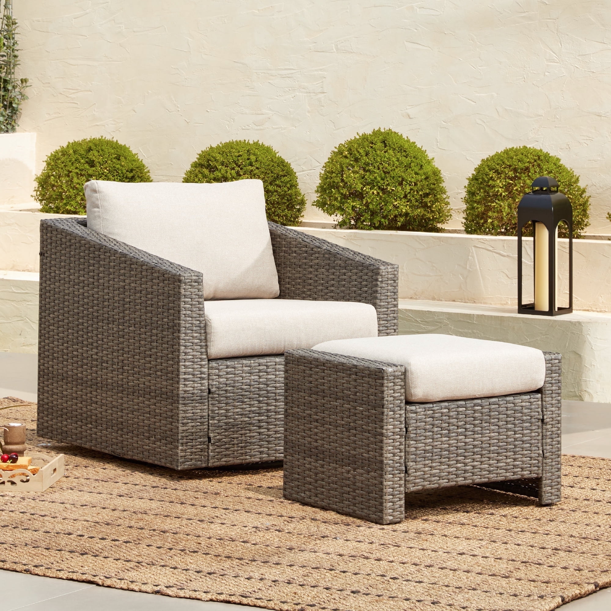 CHITA Outdoor Swivel Gray Wicker Chair and Ottoman with Cushion, Cream ...