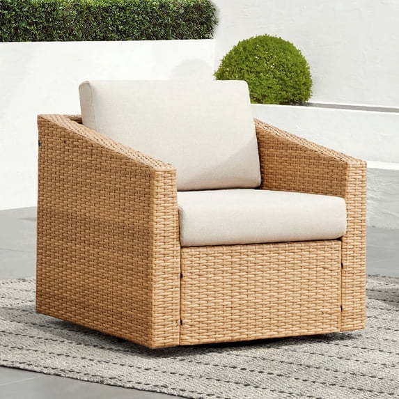 CHITA Outdoor Swivel Light Brown Wicker Chair with Cushion, Cream