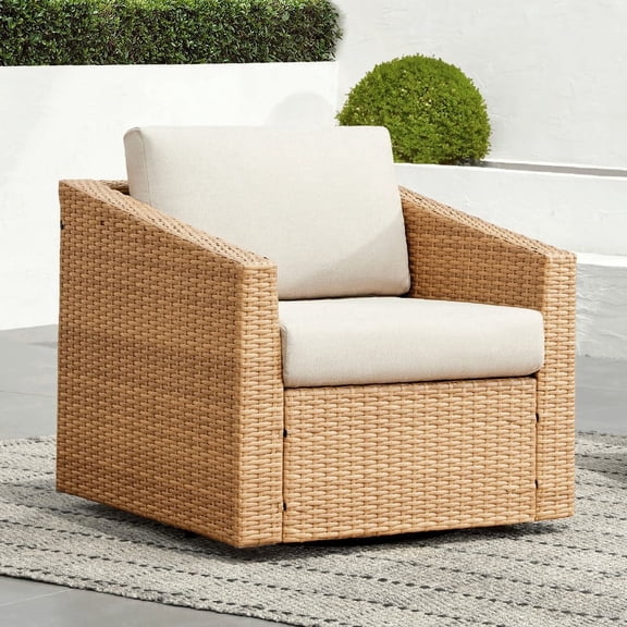 CHITA Outdoor Swivel Light Brown Wicker Chair with Cushion, Cream