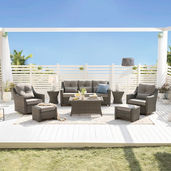 CHITA Outdoor Wicker Patio Sofa Swivel Chair Coffee Table