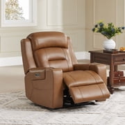 CHITA Power Genuine Leather Lay Flat Recliner, Dual Motor with Adjustable Headrest, USB & Type-C Charging, Cup Holders, Saddle Brown