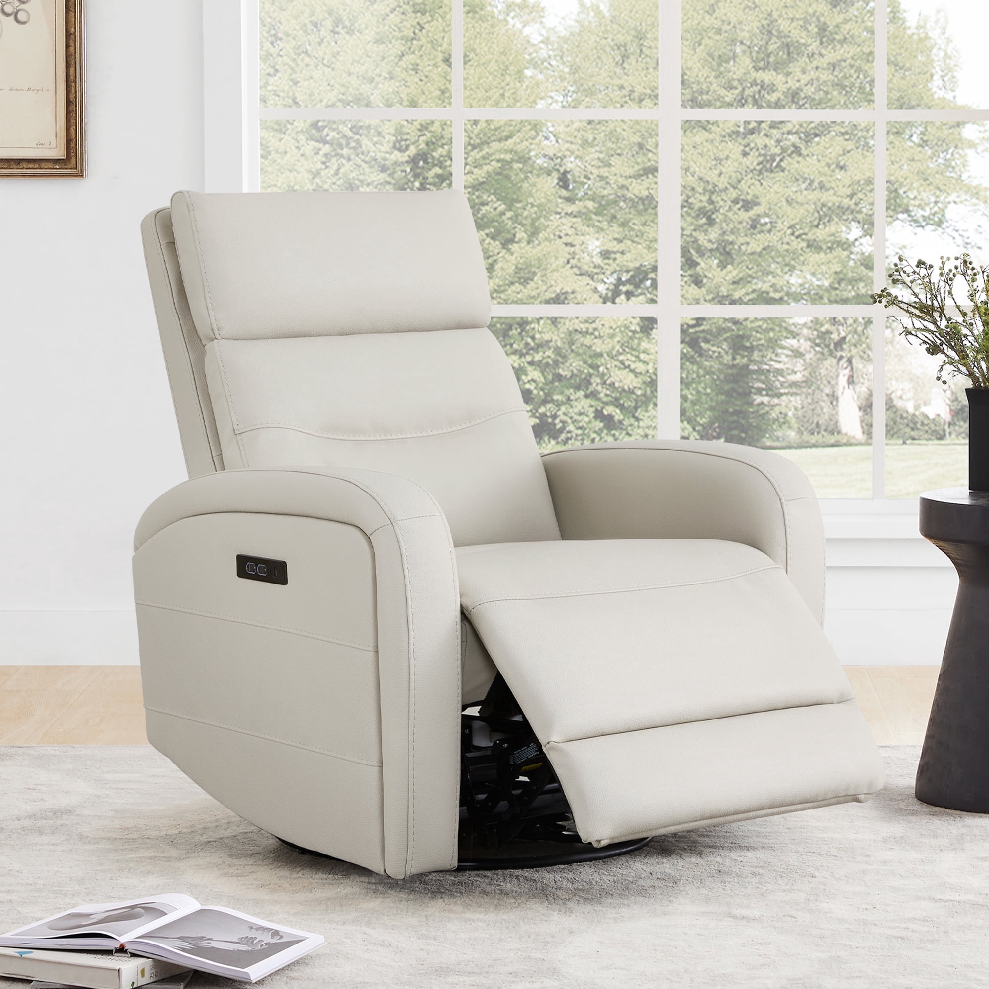 CHITA Power Glider Recliner Chair, 270° Swivel Recliner with Power Headrest for Nursery, Faux Leather in Cream