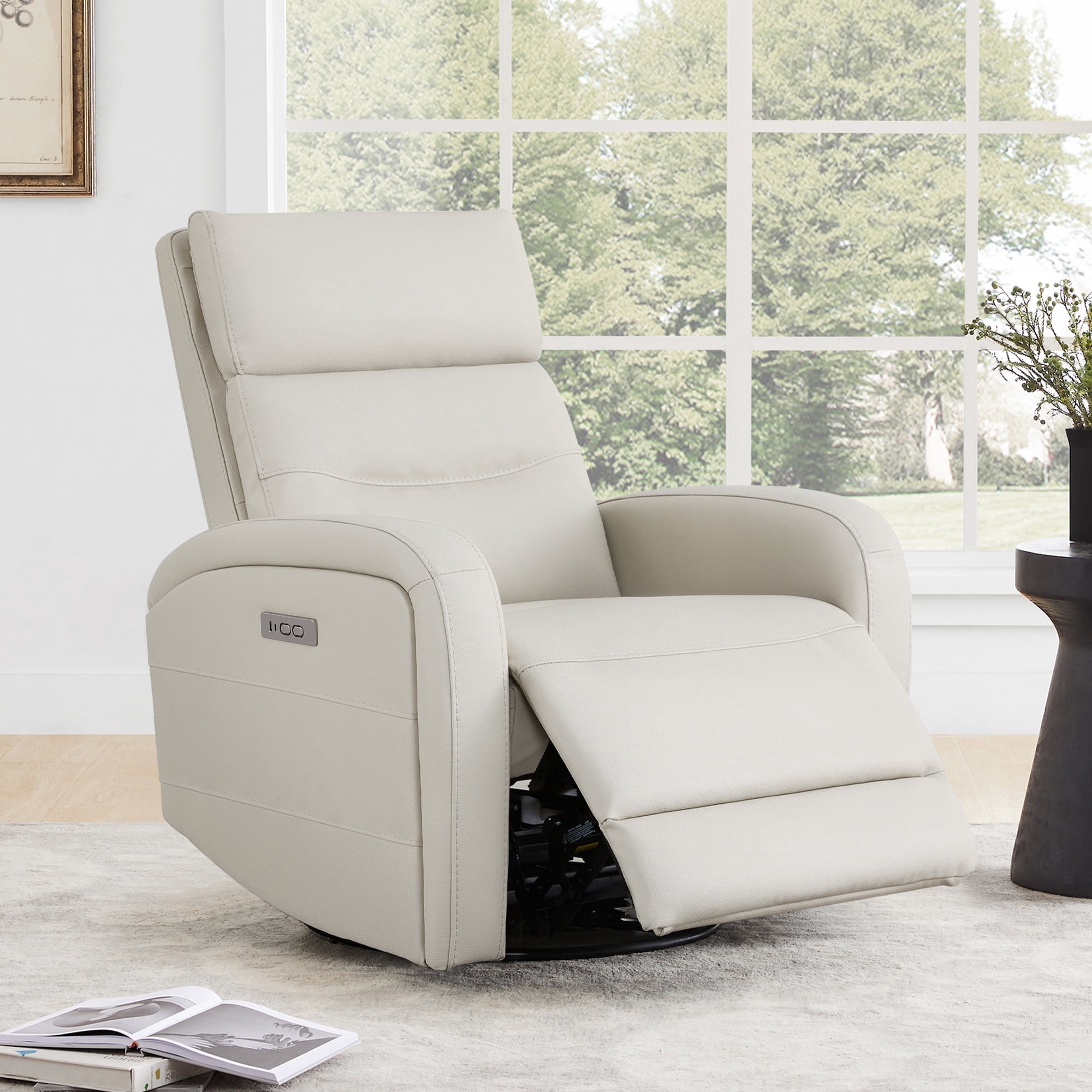 CHITA Power Glider Recliner Chair, 270° Swivel Recliner with USB & Type-C Charge for Nursery, Faux Leather in Cream