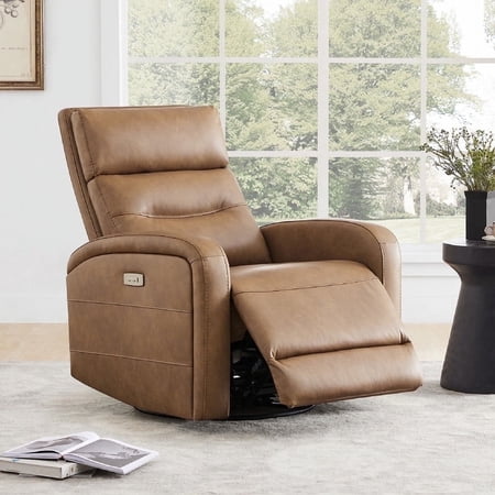 CHITA Power Glider Recliner Chair, 270° Swivel Recliner with USB & Type-C Charge for Nursery, Faux Leather in Camel