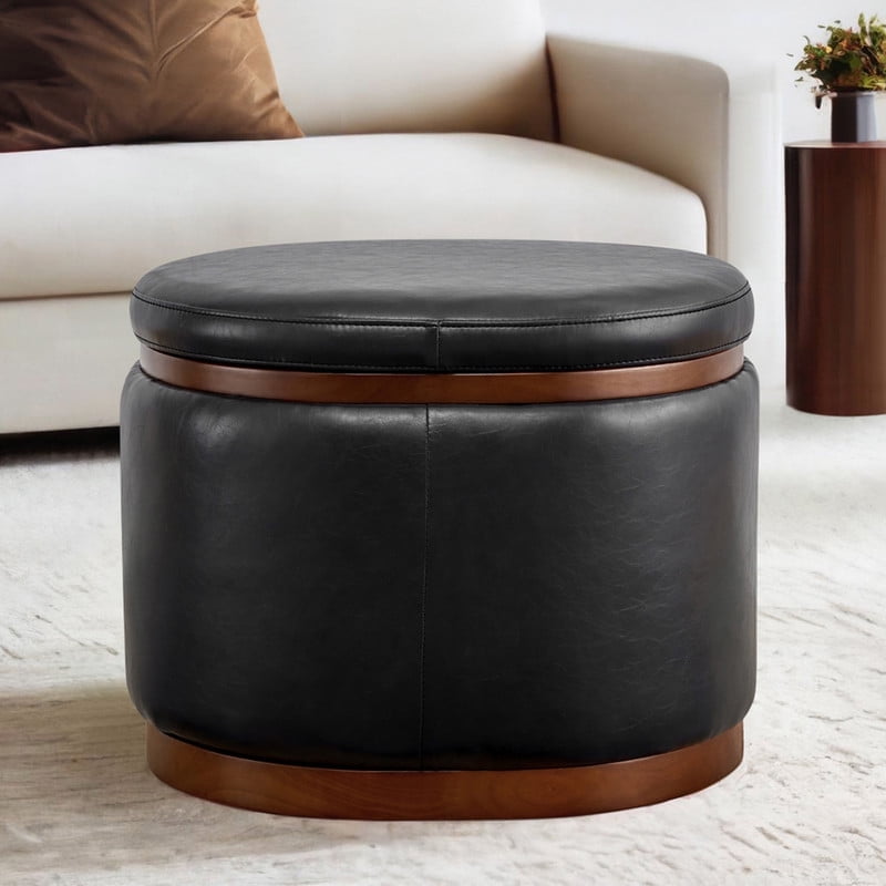 CHITA Oval Storage Ottoman - Faux Leather Footrest With Hidden Storage, For Living Room, Bedroom, Black