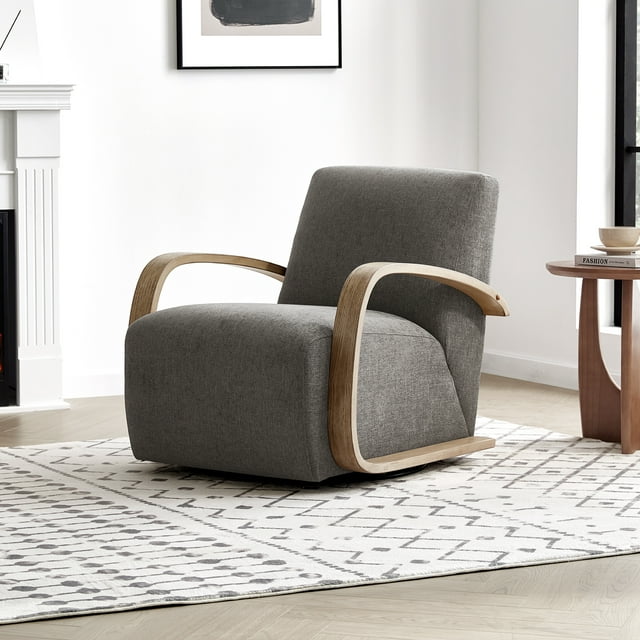 CHITA Swivel Accent Chair with U-shaped Wood Arm for Living Room Beedroom, Dark Gray & Gray Wood