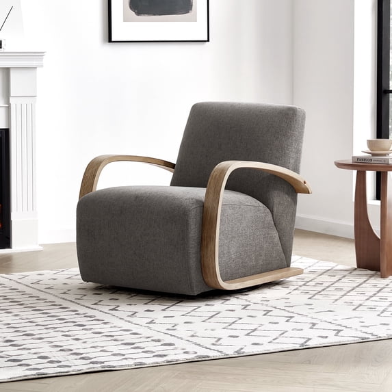 CHITA Swivel Accent Chair with U-shaped Wood Arm for Living Room Beedroom, Fossil Gray Faux Leather&Gray Wood