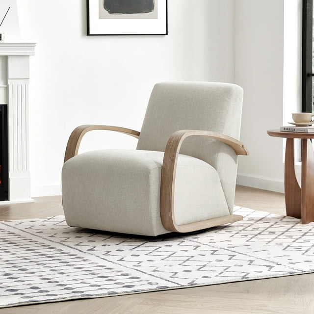CHITA Swivel Accent Chair with U-shaped Wood Arm for Living Room Beedroom, Linen & Gray Wood