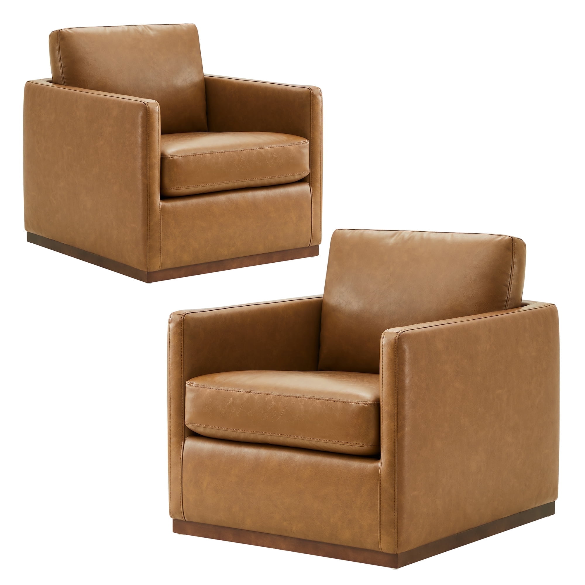 Saddle Brown Faux Leather Swivel Accent Chair Set with Wood Base