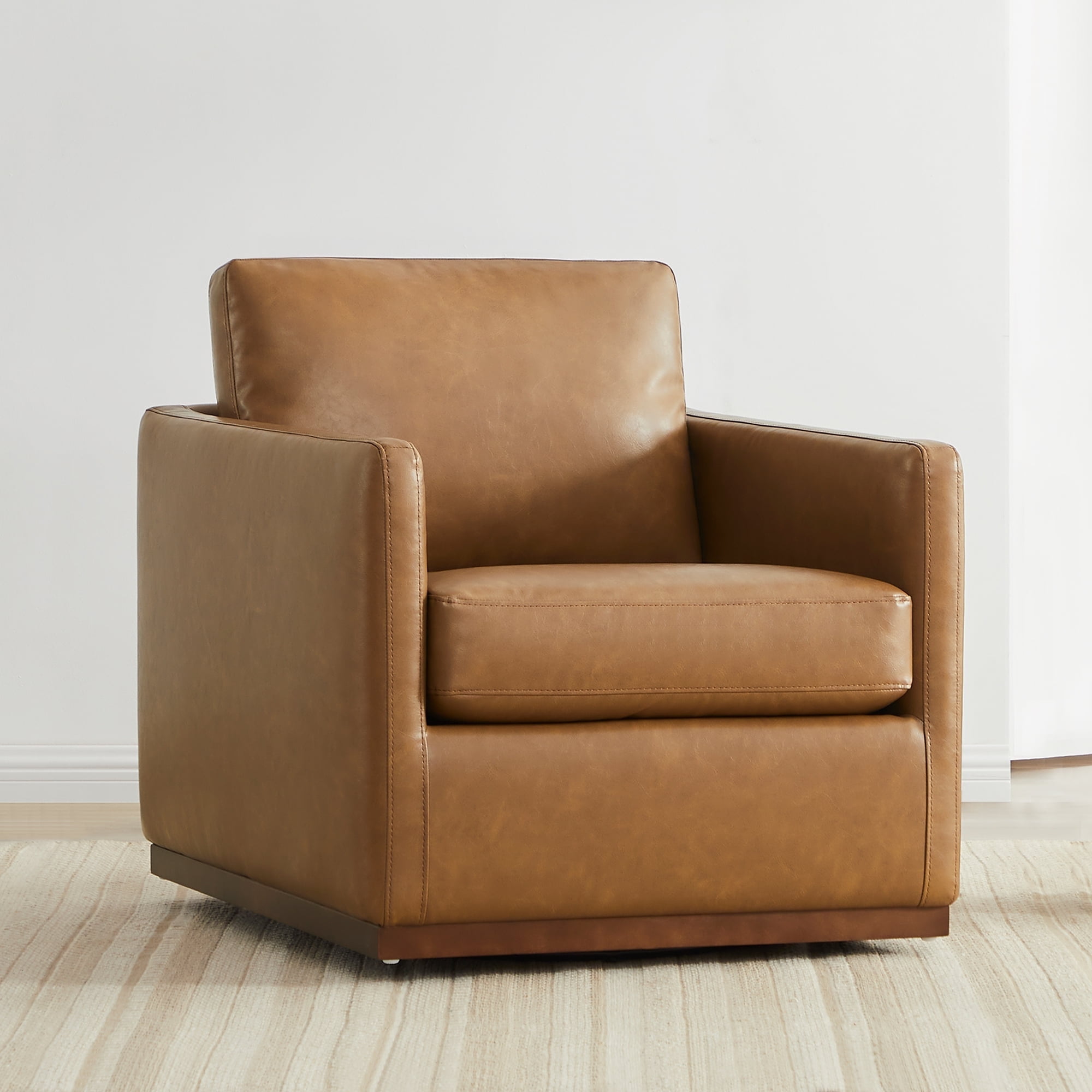 Light Gray Faux Leather Swivel Accent Chair Set with Wood Base