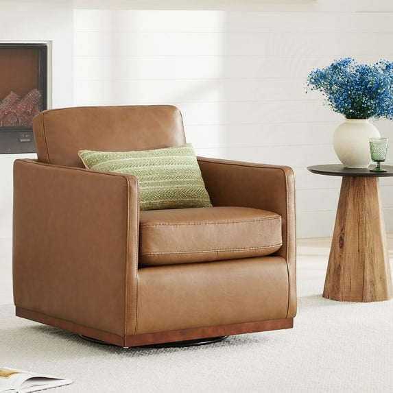 CHITA Swivel Accent Chairs for Living Room, Comfortable Arm Chairs for Bedroom,Genuine Leather in Brown