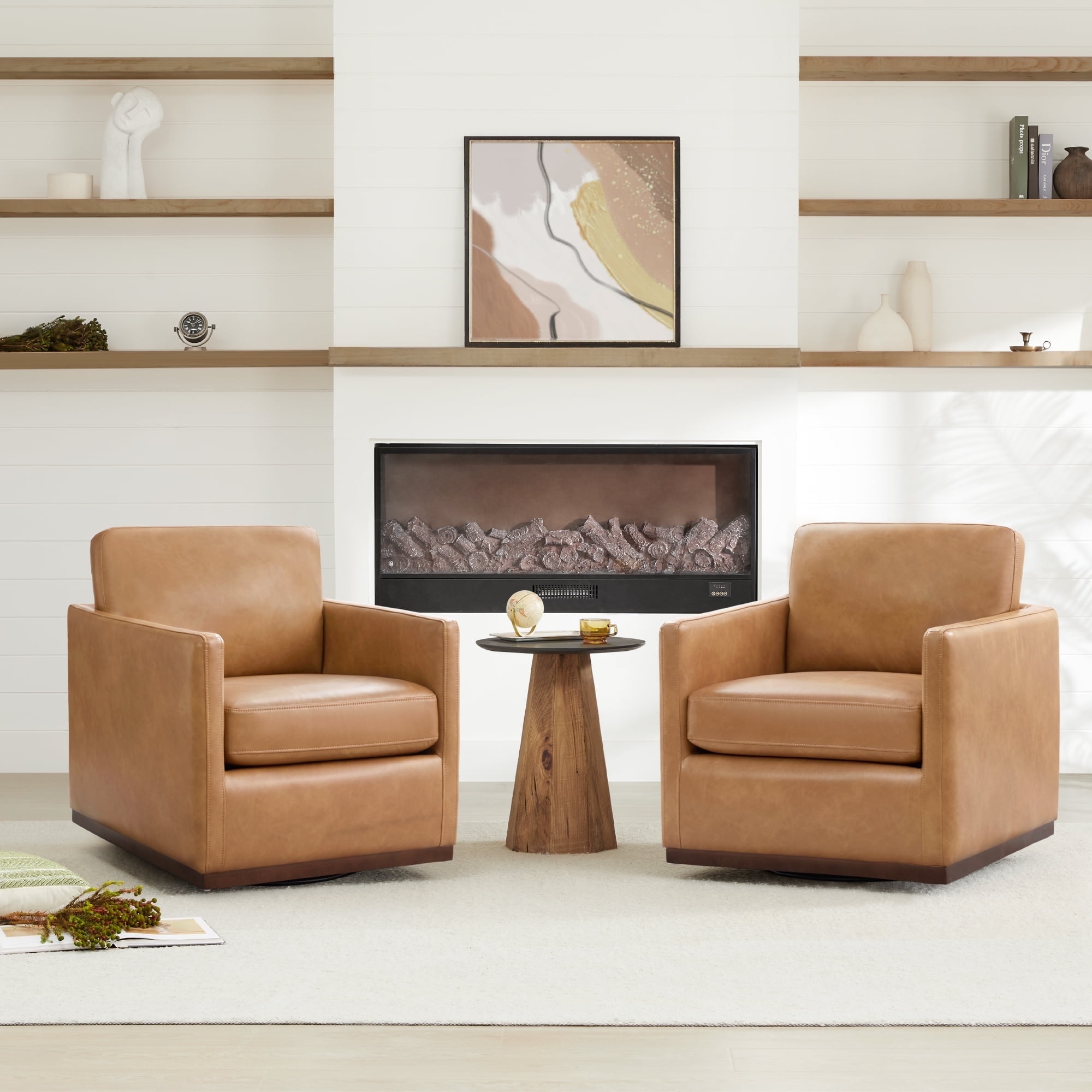 Cognac Brown Faux Leather Swivel Accent Chair Set with Wood Base