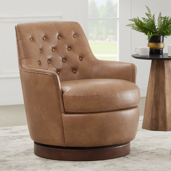 CHITA Swivel Barrel Accent Chair, Tufted Upholstered Arm Chair with Wood Base for Living Room Bedroom, Faux Leather in Saddle Brown