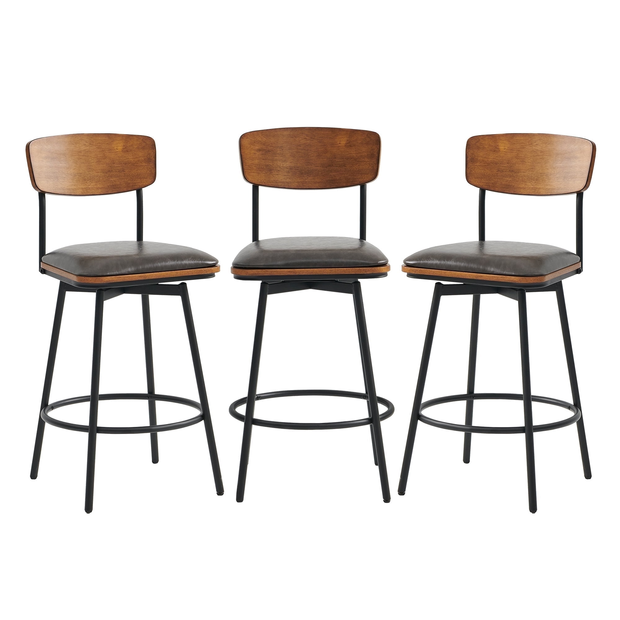 CHITA Swivel Counter Height Bar Stools with Back Set of 3, 27'' Seat Height, Metal & Wood Frame, Black