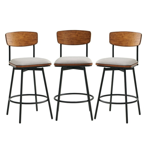 CHITA Swivel Counter Height Bar Stools with Back Set of 3, 27'' Seat Height, Metal & Wood Frame, Light Beige