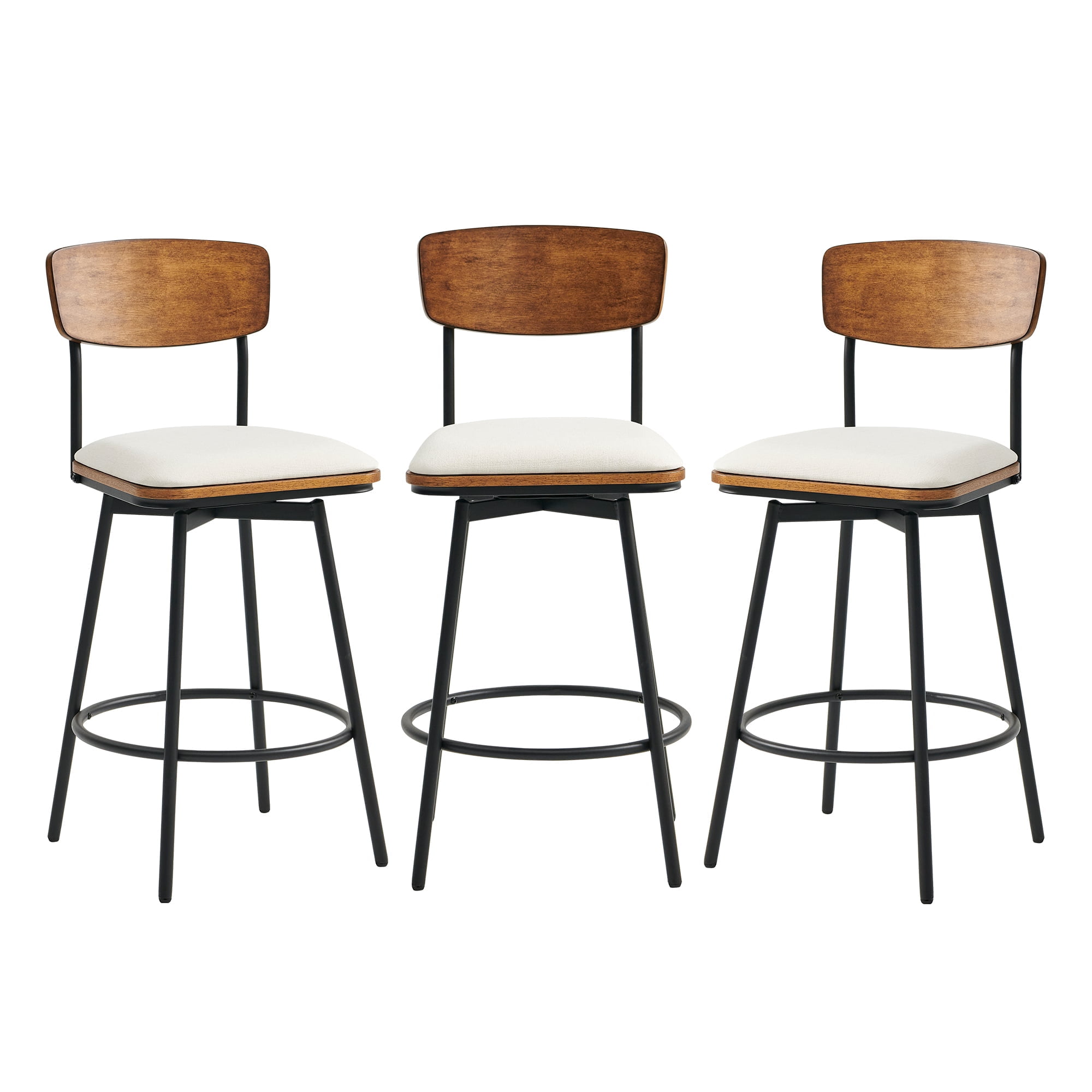 White Linen and Wood Swivel Counter Stools, Set of 3