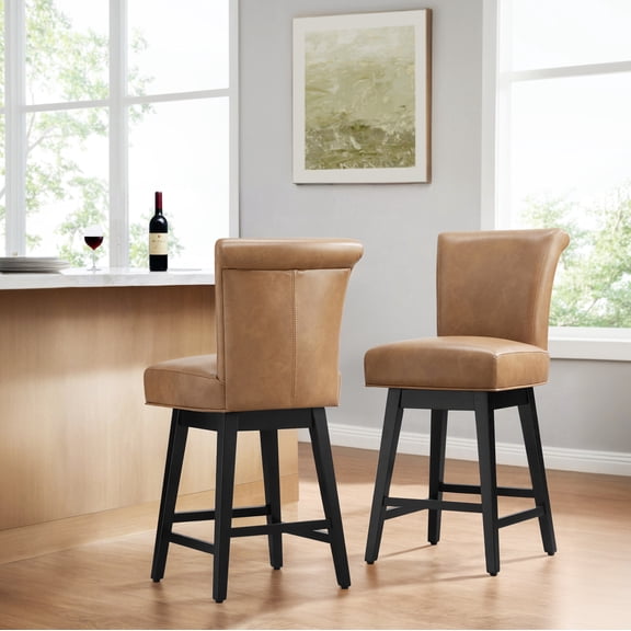 CHITA Swivel Counter Height Bar Stools with Fabric,26 inch Set of 2,Faux Leather in Cognac Brown