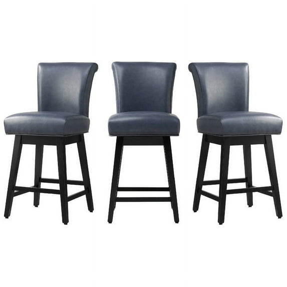 CHITA Swivel Counter Height Bar Stools with Fabric,26 inch Set of 3,Faux Leather in Navy Blue