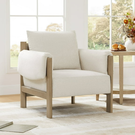 CHITA Upholstered Accent Arm Chair with Wooden Frame, Linen Fabric&Grey Wood
