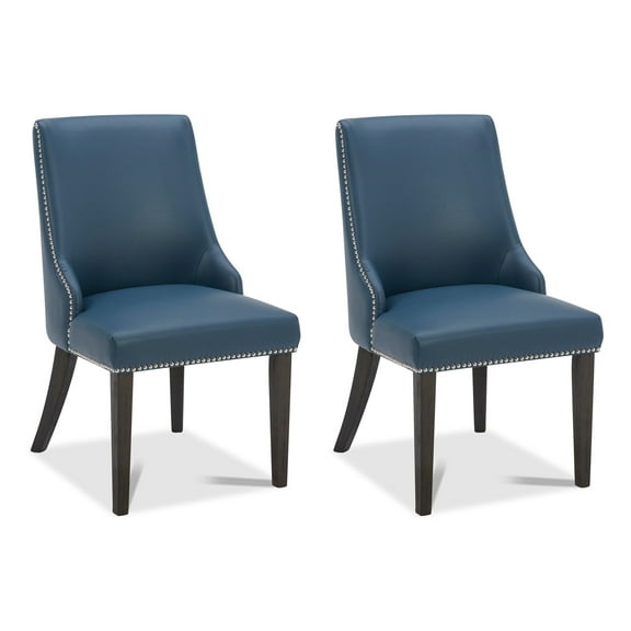 CHITA Upholstered Dining Chairs Set of 2 Kitchen Chairs, Full Back&Wood Legs, Faux Leather in Dark Blue