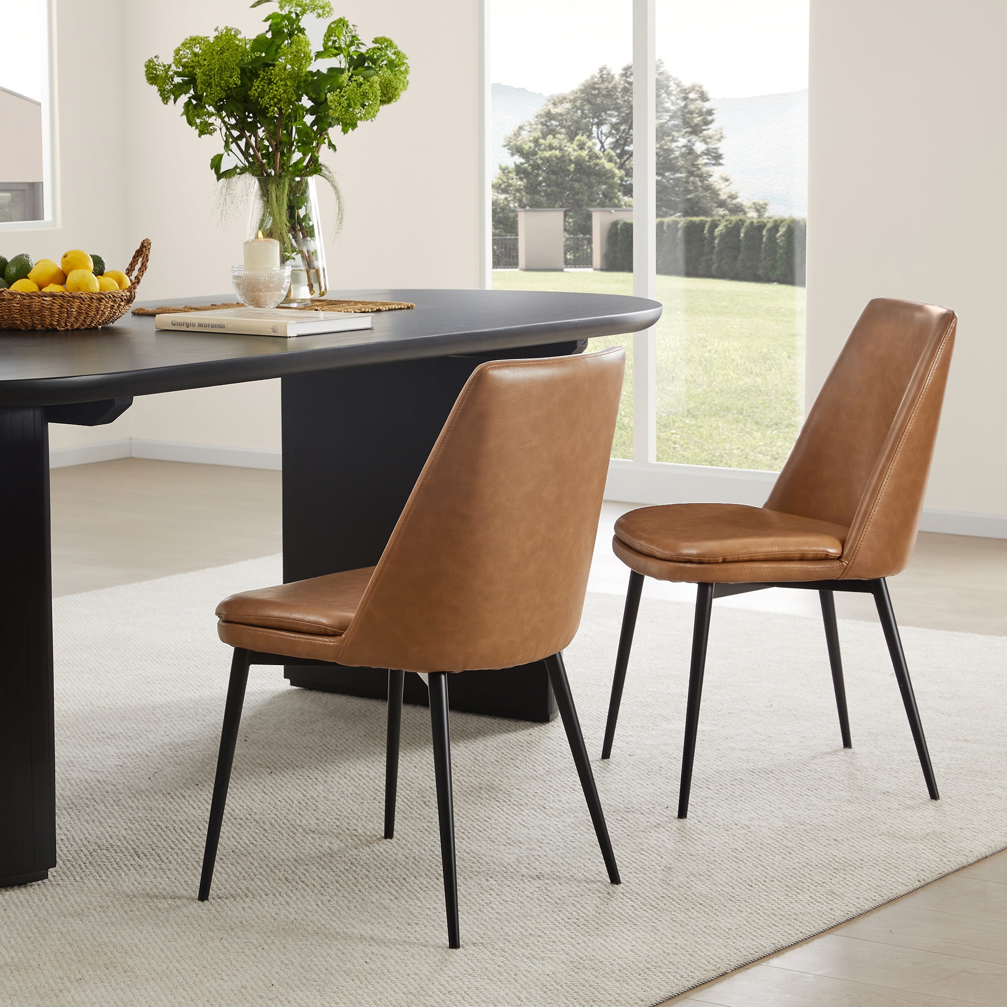 CHITA Italian Mid Century Upholstered Dining Chairs Set of 2 Low Back Metal Legs Luxurious Faux Leather Saddle Brown Walmart