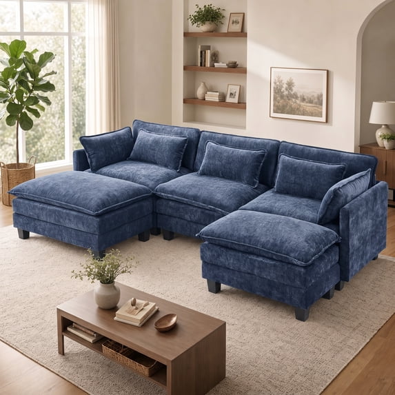 CHITOOMA 111" Modular Sectional Sofa with 2 Movable Ottomans, U-Shaped Oversized 3-Seat Chenille Cloud Sofa with 5 Pillows for Living Room, Blue