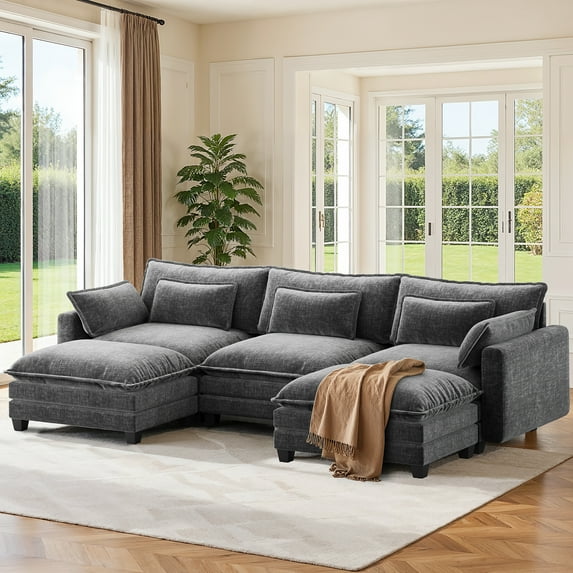 CHITOOMA 111" Modular Sectional Sofa with 2 Movable Ottomans, U-Shaped Oversized 3-Seat Chenille Cloud Sofa with 5 Pillows for Living Room, Gray