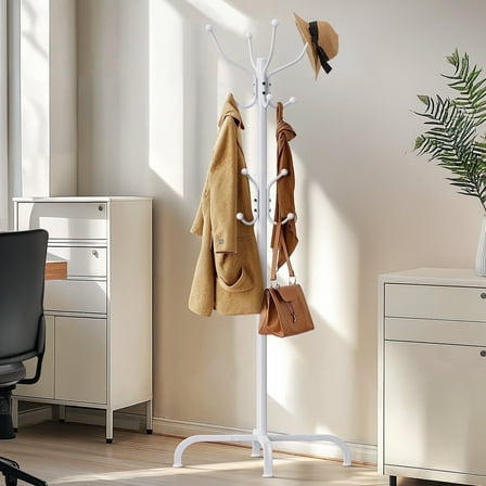 CHITOOMA 14 Hooks Coat Rack Stand Metal Storage Rack Freestanding Hat Clothing Display Stand, White