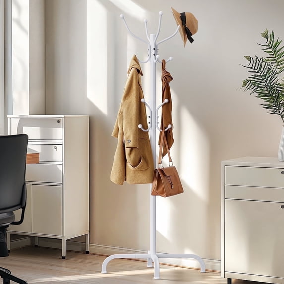 CHITOOMA 14 Hooks Coat Rack Stand Metal Storage Rack Freestanding Hat Clothing Display Stand, White