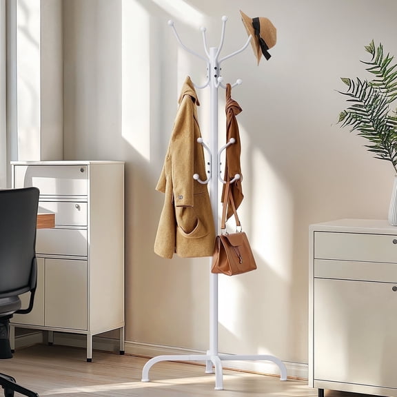CHITOOMA 14 Hooks Coat Rack Stand Metal Storage Rack Freestanding Hat Clothing Display Stand, White