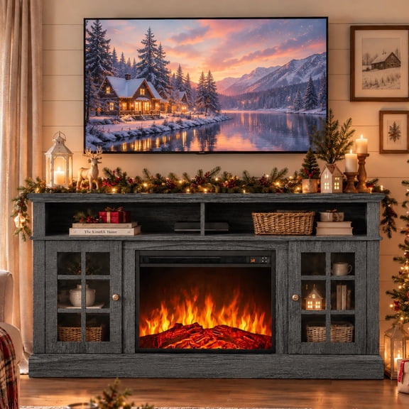 CHITOOMA 1400W Electric Fireplace TV Stand TV Console with 23″ Fireplace for up to 75 inch TVs with Adjustable Shelves, Black