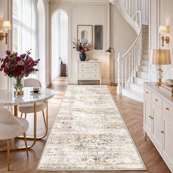 CHITOOMA 2.6'x8' Runner Rug, Washable Rugs for Kitchen Non-Slip Low Pile Soft Distressed Abstract Rug, Indoor Vintage Neutral Carpet for Hallway, Entryway, Bedroom, Laundry, Bathroom, Beige