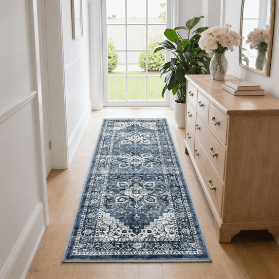 CHITOOMA 2.6'x8' Runner Rug, Machine Washable Rugs for Kitchen, Vintage Soft Non-Slip Runner Rug with Stain Resistant Non-Shed Carpet for Hallway, Entryway, Bedroom, Laundry, Bathroom, Blue