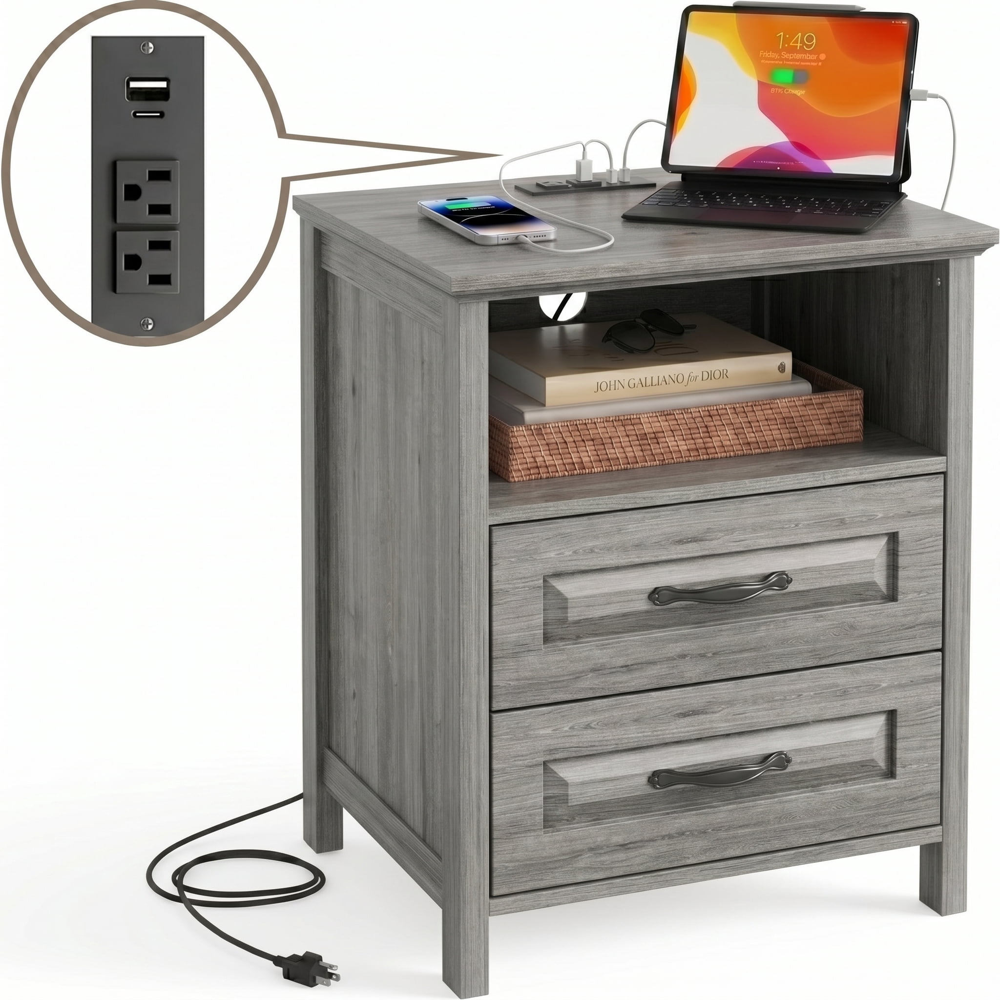 CHITOOMA 2-Drawer Nightstand with Charging Station, Farmhouse Bedside Table with Open Shelf, Small Wood End Table for Bedroom Living Room, Gray