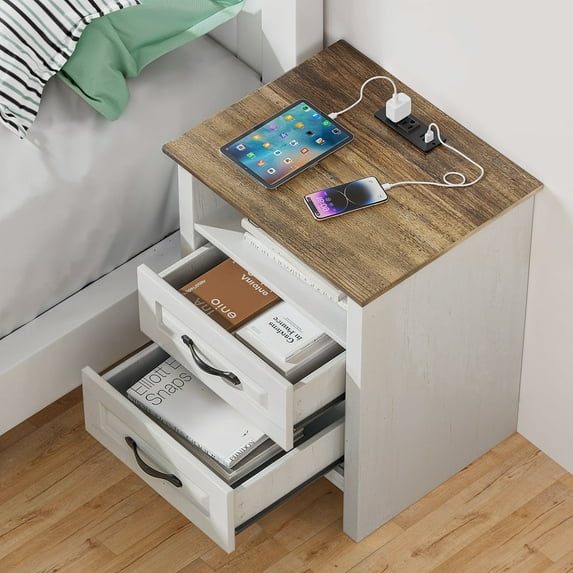 CHITOOMA 2-Drawer Nightstand with Charging Station, Farmhouse Bedside Table with Open Shelf, Small Wood End Table for Bedroom Living Room, White & Brown