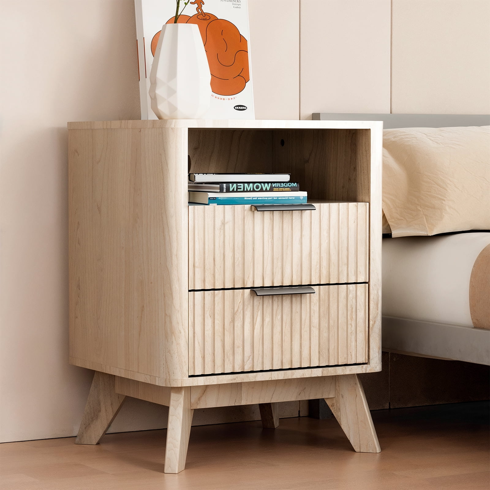CHITOOMA 2-Drawer Nightstand with Open Shelf, Wood Fluted Bedside Table ...