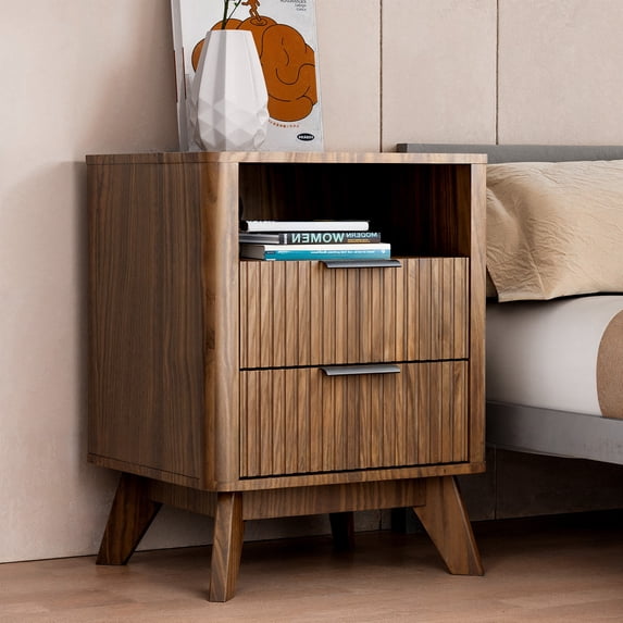 CHITOOMA 2-Drawer Nightstand with Open Shelf, Wood Fluted Bedside Table with Storage, Small End Table for Bedroom Living Room, Walnut