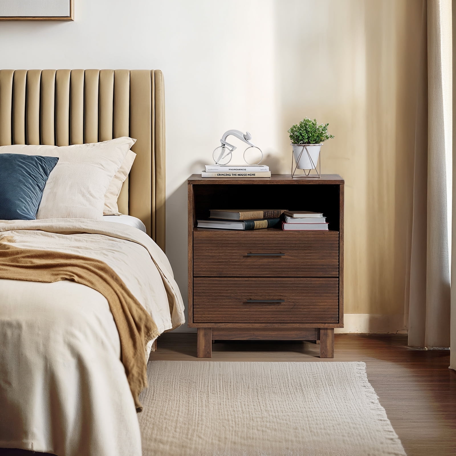 CHITOOMA 2-Drawer Nightstand with Open Shelf, Wood Fluted Bedside Table