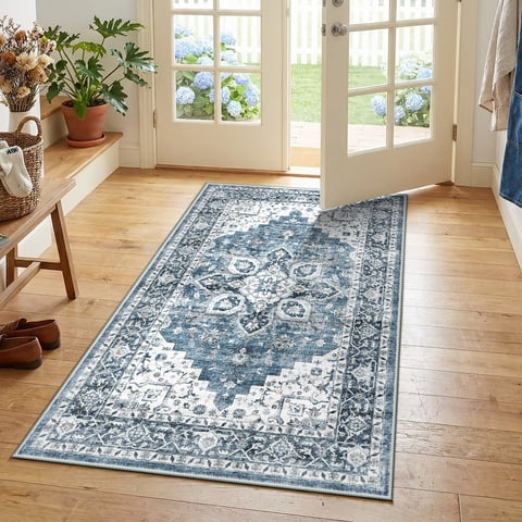CHITOOMA 2'x4' Runner Rugs for Kitchen, Machine Washable Rug for Bedroom Dining Room Office with Non-Slip Backing, Stain Resistant Non-Shed, Blue