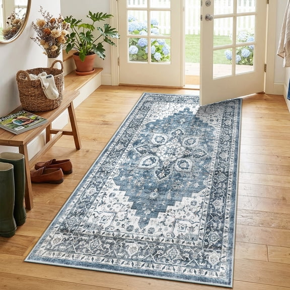 CHITOOMA 2'x5' Runner Rugs for Kitchen, Machine Washable Rug for Bedroom Dining Room Office with Non-Slip Backing, Stain Resistant Non-Shed, Blue