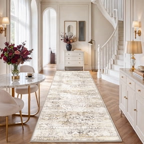 CHITOOMA 2'x6' Runner Rug, Washable Rugs for Kitchen Non-Slip Low Pile Soft Distressed Abstract Rug, Indoor Vintage Neutral Carpet for Hallway, Entryway, Bedroom, Laundry, Bathroom, Beige