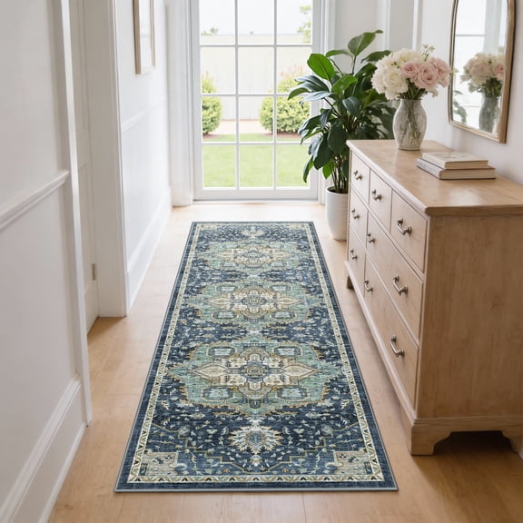 CHITOOMA 2'x6' Runner Rug, Machine Washable Rugs for Kitchen, Vintage Soft Non-Slip Runner Rug with Stain Resistant Non-Shed Carpet for Hallway, Entryway, Bedroom, Laundry, Bathroom, Blue