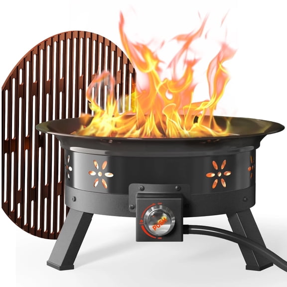 CHITOOMA 21 Inch Portable Fire Pits with Grill for Outside 58000 BTU Gas Fire Bowl with Foldable Legs & Lid & Carry Kit & Lava Rock Stone