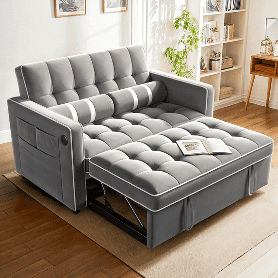 CHITOOMA 3 in 1 Pull Out Sofa Bed with Adjustable Backrest, 70" Convertible Loveseat Sleeper Couch with Charging Port, Side Pockets & Cylinder Pillows for Living Room Apartment, Gray