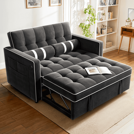 CHITOOMA 3 in 1 Pull Out Sofa Bed with Adjustable Backrest, 70" Convertible Loveseat Sleeper Couch with Charging Port, Side Pockets & Cylinder Pillows for Living Room Apartment, Black