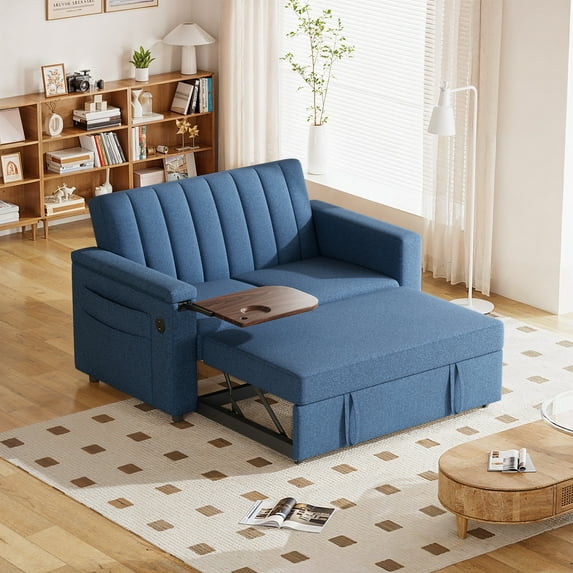 CHITOOMA 3 in 1 Pull Out Sofa Bed with Side Table, 68" Convertible Loveseat Sleeper Couch with Adjustable Backrest, Chaise Lounge with USB Ports & Side Pockets for Living Room Apartment, Blue