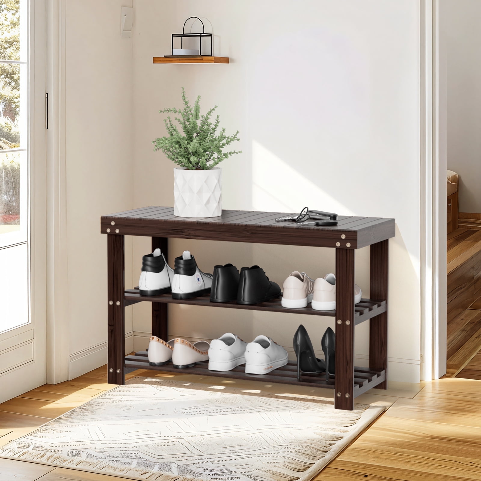 CHITOOMA 3 Tier Bamboo Shoe Storage Bench for Entryway,Wood Hallway Shoe Rack Shoe Organizer Shelf for Living Room Bedroom,Brown - Walmart.com