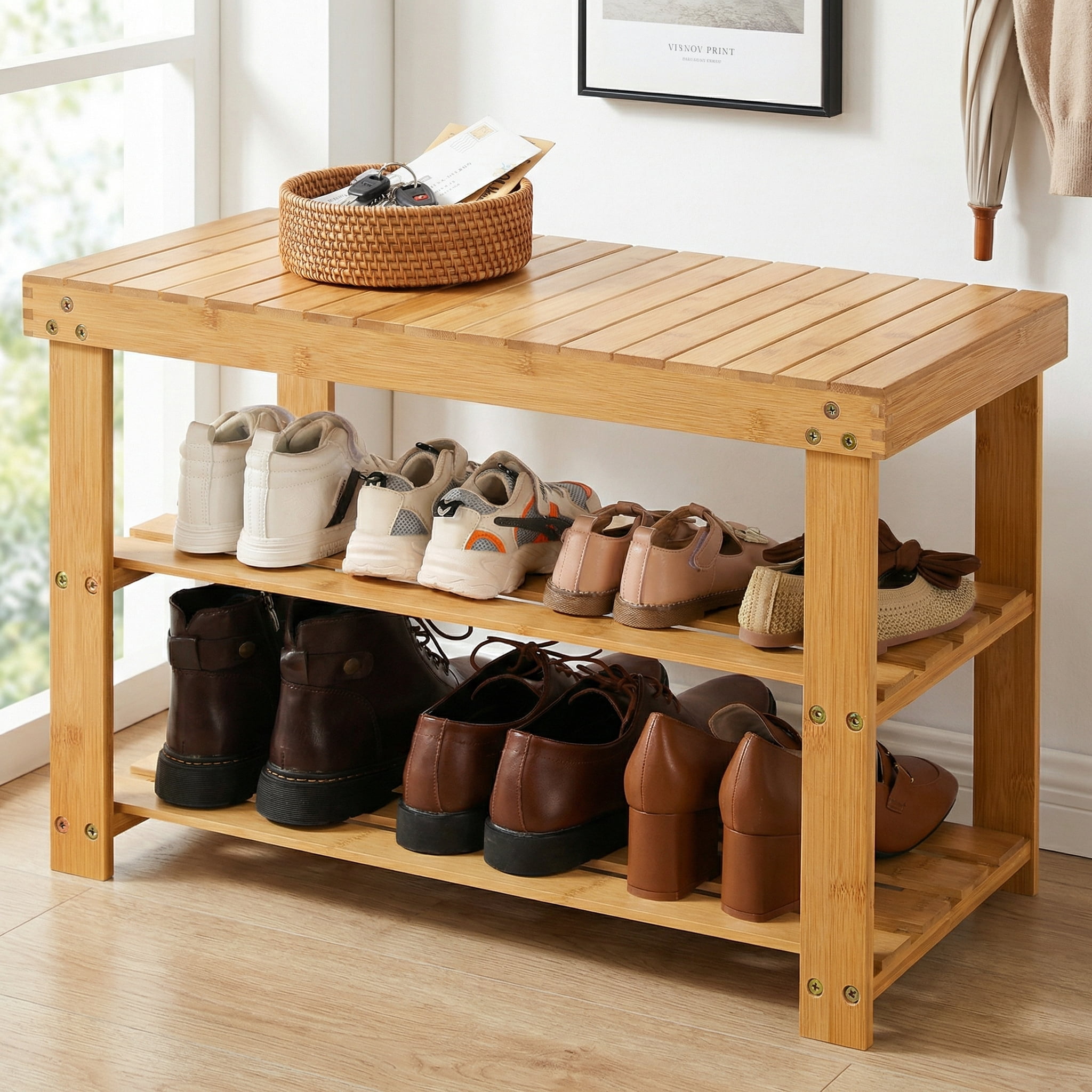 CHITOOMA 3 Tier Bamboo Shoe Storage Bench for Entryway, Wood Hallway Shoe Rack Shoe Organizer Shelf for Living Room Bedroom, Natural